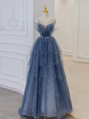 Blue Sweetheart Tulle Sequin Long Corset Prom Dress, Blue Evening Dress outfit, Evening Dress Elegant