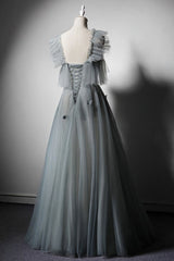 Green Gray Tulle Off Shoulder Custom Size Long Senior Corset Prom Dress, Evening Dress outfit, Evening Dresses Princess