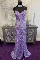 Glitter Lavender Sequins Corset Prom Dresses, Long Corset Formal Dress With Slit Gowns, Evening Dress Long