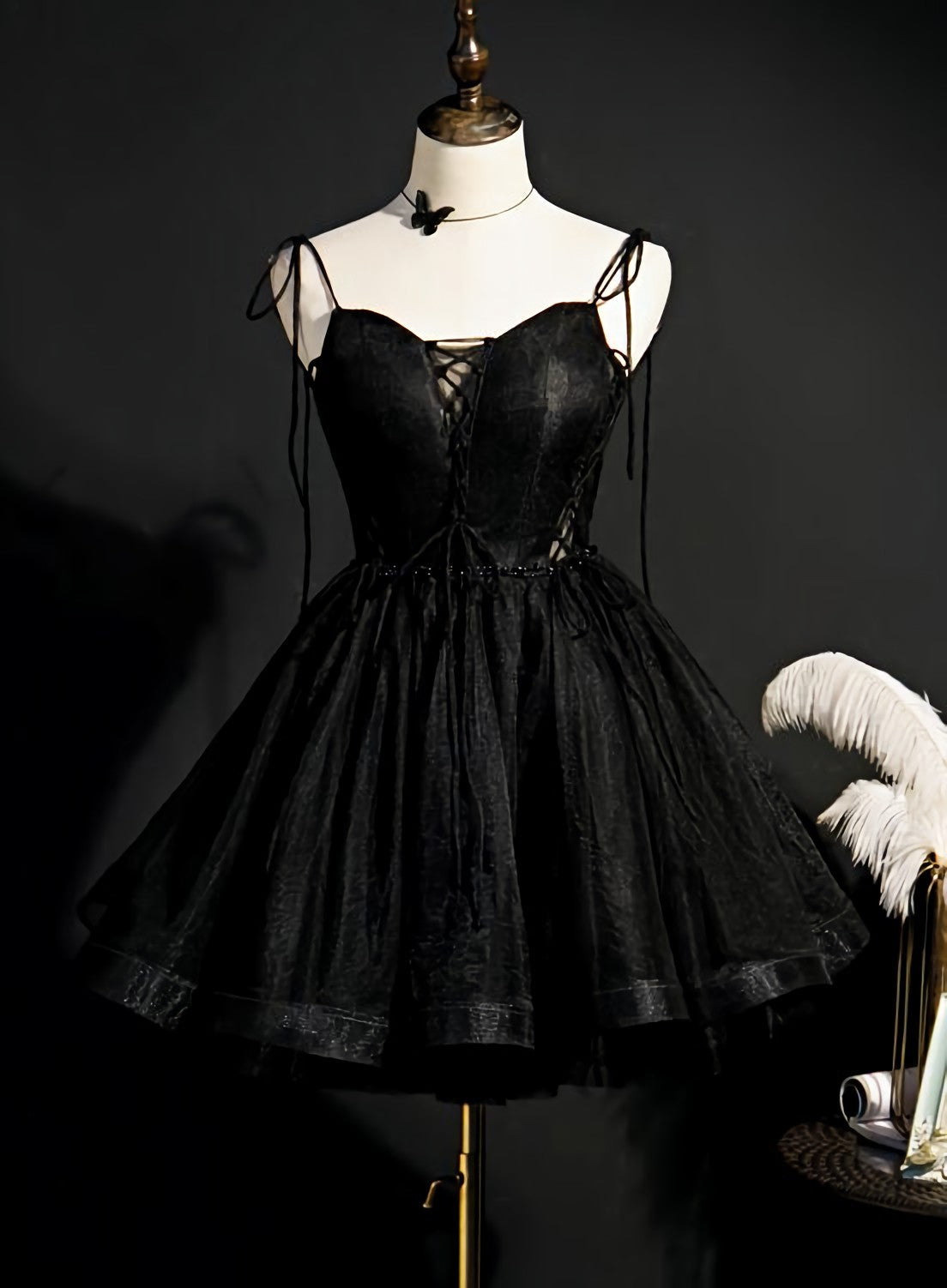 Black Straps Tulle Short Corset Homecoming Dress, Corset Prom Dress, Little Black Party Dresses outfit, Evening Dress Cheap