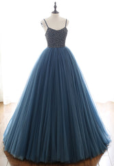 Blue Tulle Long Corset Prom Dresses, A-Line Evening Dresses with Beading outfit, Party Dresses Short Clubwear