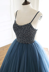 Blue Tulle Long Corset Prom Dresses, A-Line Evening Dresses with Beading outfit, Party Dress Short Clubwear