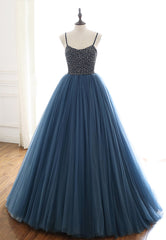 Blue Tulle Long Corset Prom Dresses, A-Line Evening Dresses with Beading outfit, Party Dress Miami