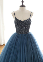 Blue Tulle Long Corset Prom Dresses, A-Line Evening Dresses with Beading outfit, Party Dresses Miami