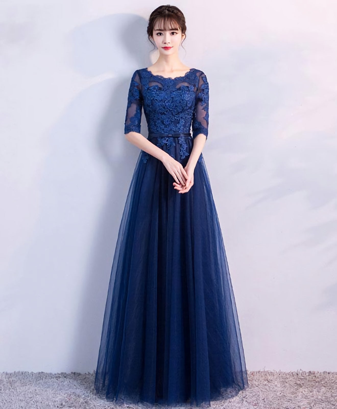 Blue Tulle Lace Long Corset Prom Dress, Lace Evening Dress outfit, Prom Dresses Designer