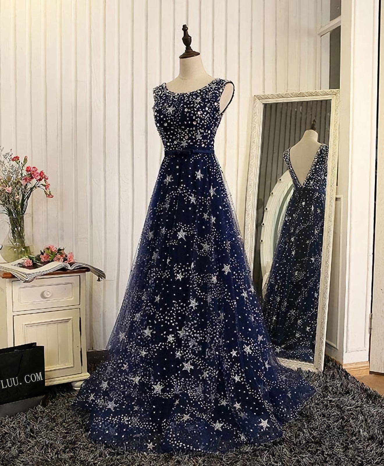 Blue Beaded Sequins Long Corset Prom Dress, Blue Evening Dress outfit, Prom Dresses Black