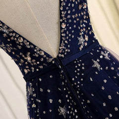 Blue Beaded Sequins Long Corset Prom Dress, Blue Evening Dress outfit, Prom Dresses Dresses