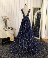 Blue Beaded Sequins Long Corset Prom Dress, Blue Evening Dress outfit, Prom Dresses Graduacion