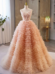 Unique V Neck Tulle Sequin Orange Pink Long Corset Prom Dress, Orange Pink Sweet 16 Dress outfit, Party Dress Brands Usa