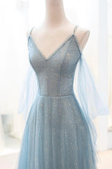 Dusty Blue Sparkly Tulle Long Corset Prom Dress, A-Line Spaghetti Strap Evening Dress outfit, Prom Dress Long Open Back