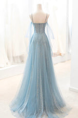 Dusty Blue Sparkly Tulle Long Corset Prom Dress, A-Line Spaghetti Strap Evening Dress outfit, Prom Dresses Photos Gallery