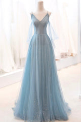 Dusty Blue Sparkly Tulle Long Corset Prom Dress, A-Line Spaghetti Strap Evening Dress outfit, Prom Dresses Long Open Back