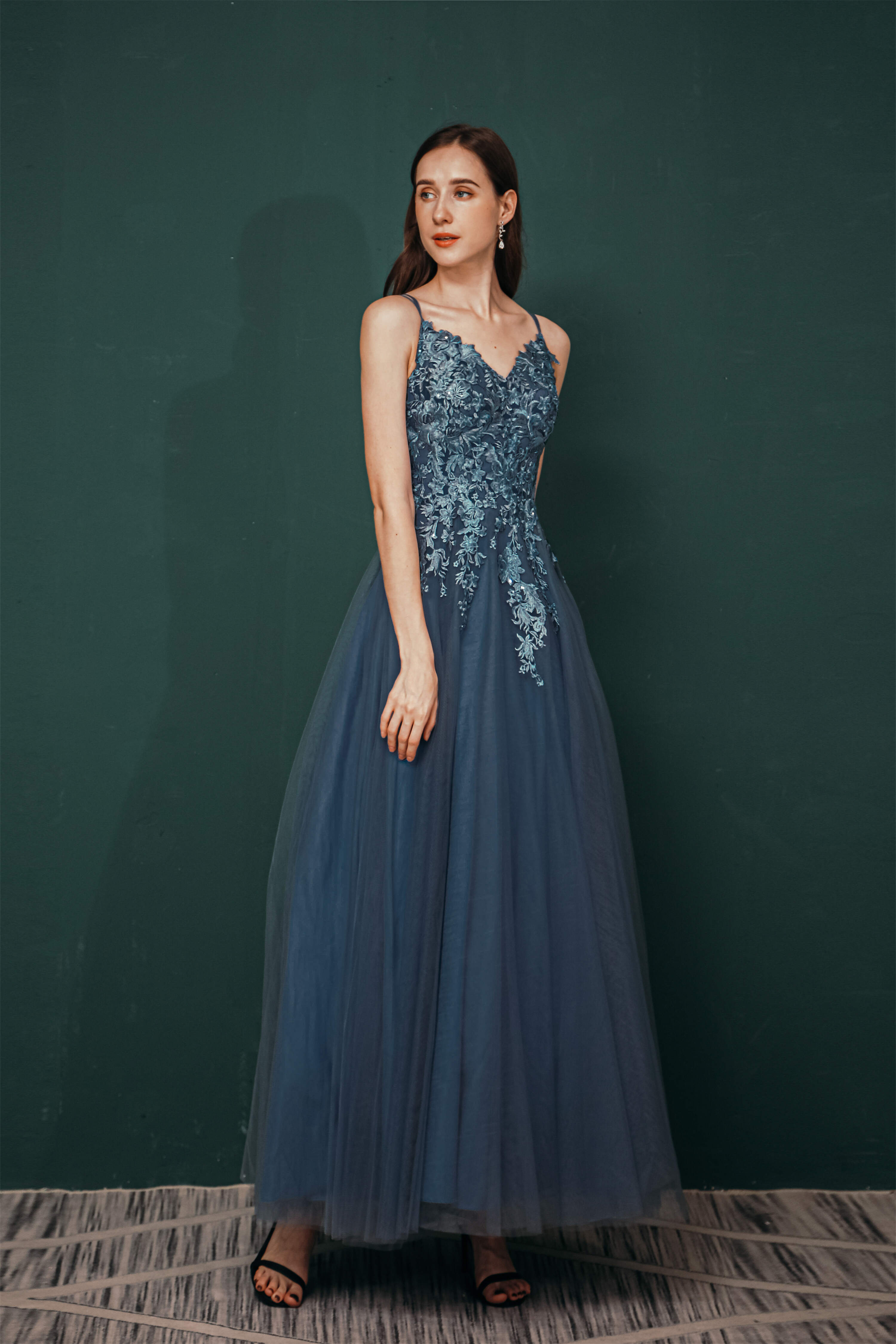 Dusty Blue Tulle A-line Low back Spaghetti strap Corset Prom Dresses outfit, Party Dress Dress Code