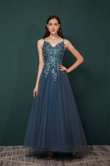 Dusty Blue Tulle A-line Low back Spaghetti strap Corset Prom Dresses outfit, Party Dress Long