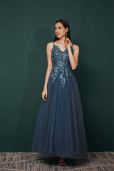 Dusty Blue Tulle A-line Low back Spaghetti strap Corset Prom Dresses outfit, Party Dresses Long