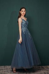 Dusty Blue Tulle A-line Low back Spaghetti strap Corset Prom Dresses outfit, Party Dresses Long Dresses