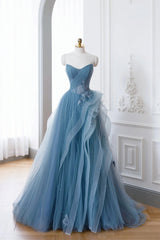 Dusty Blue Tulle Floor Length Corset Prom Dresses, Blue Off the Shoulder Removable Sleeve Evening Dress outfit, Quinceanera Dress