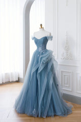 Dusty Blue Tulle Floor Length Corset Prom Dresses, Blue Off the Shoulder Removable Sleeve Evening Dress outfit, Elegant Dress