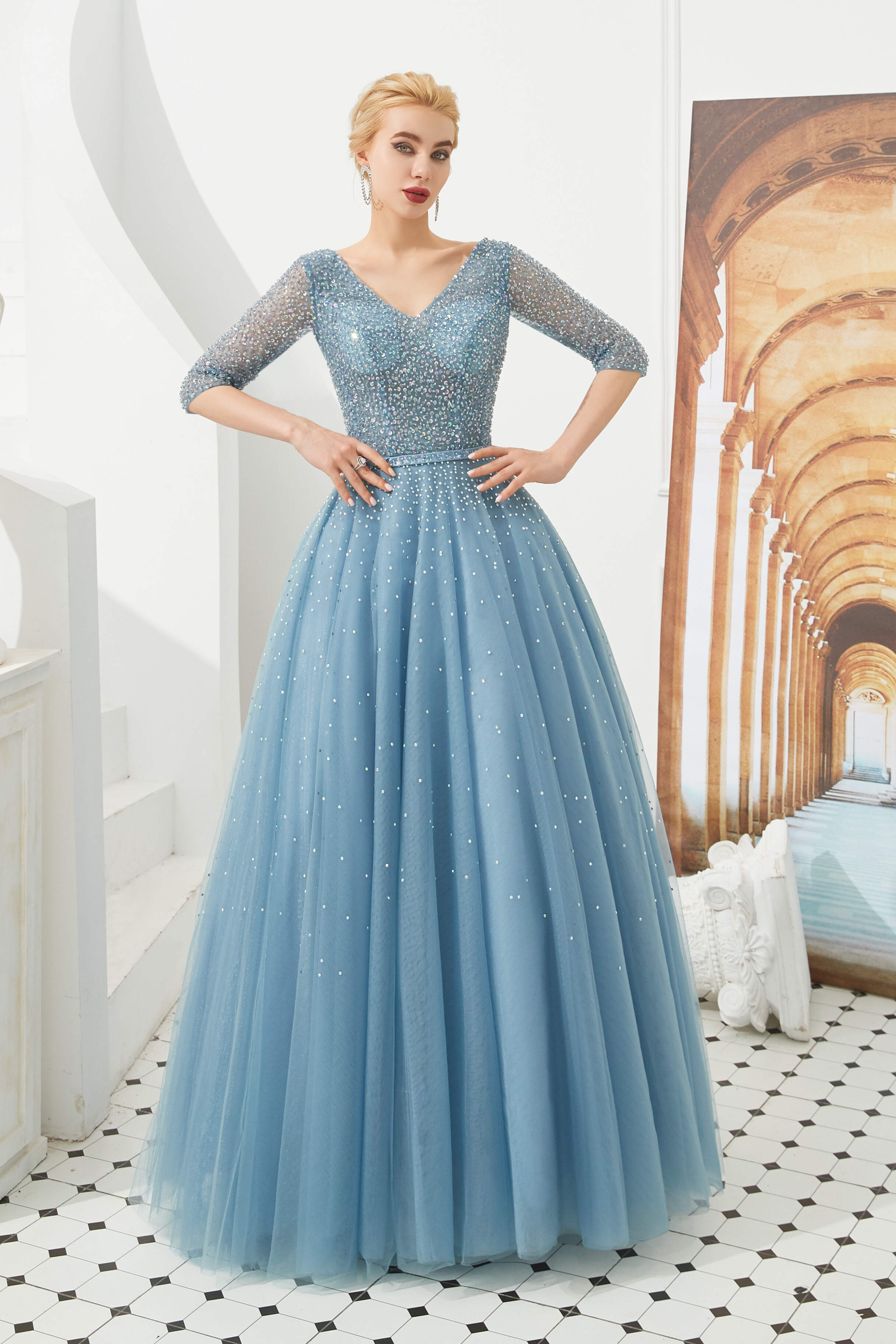 Dusty Blue V-Neck Half-Sleeve Corset Prom Dresses Long With Beadings Lace-up outfit, Prom Dress Websites