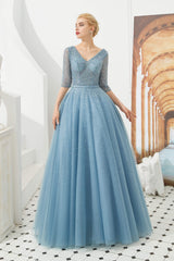 Dusty Blue V-Neck Half-Sleeve Corset Prom Dresses Long With Beadings Lace-up outfit, Prom Dresses Sites