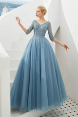 Dusty Blue V-Neck Half-Sleeve Corset Prom Dresses Long With Beadings Lace-up outfit, Prom Dress Sites