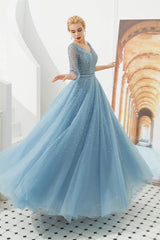 Dusty Blue V-Neck Half-Sleeve Corset Prom Dresses Long With Beadings Lace-up outfit, Prom Dresses Affordable