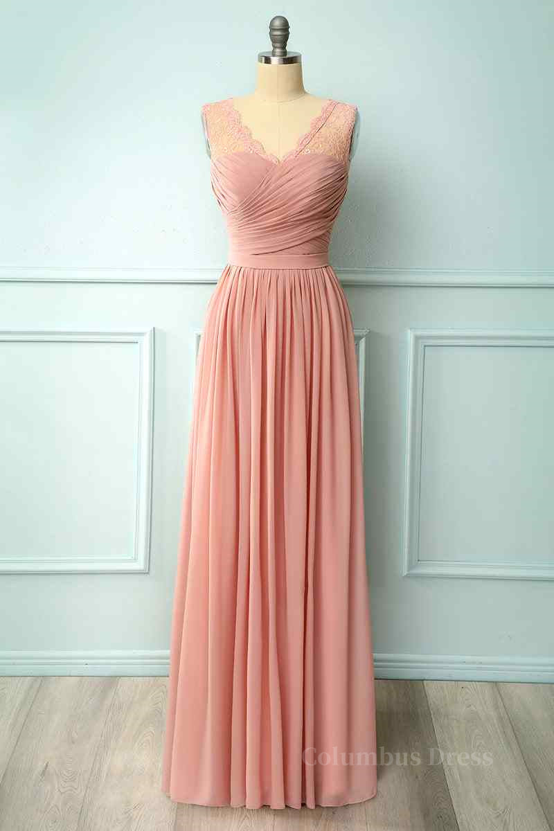 Dusty Pink A-line Illusion Lace Neck Pleated Chiffon Long Corset Bridesmaid Dress outfit, Party Dress Roman