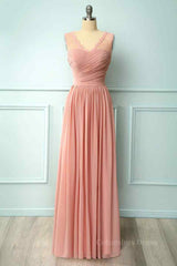 Dusty Pink A-line Illusion Lace Neck Pleated Chiffon Long Corset Bridesmaid Dress outfit, Party Dress Roman