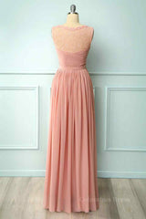 Dusty Pink A-line Illusion Lace Neck Pleated Chiffon Long Corset Bridesmaid Dress outfit, Party Dresses Short Clubwear