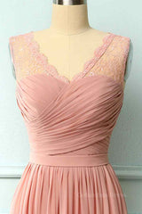 Dusty Pink A-line Illusion Lace Neck Pleated Chiffon Long Corset Bridesmaid Dress outfit, Party Dress Short Clubwear