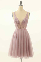 Dusty Pink A-line V Neck Sequins Tulle Mini Corset Homecoming Dress outfit, Formal Dresses Winter