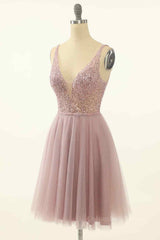 Dusty Pink A-line V Neck Sequins Tulle Mini Corset Homecoming Dress outfit, Formal Dress Winter