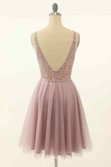 Dusty Pink A-line V Neck Sequins Tulle Mini Corset Homecoming Dress outfit, Formal Dress For Winter