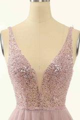 Dusty Pink A-line V Neck Sequins Tulle Mini Corset Homecoming Dress outfit, Formal Dresses For Winter