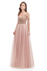 Dusty Pink Crystal Sparkle Starry Corset Prom Dresses with Straps Backless outfit, Formal Dress Prom