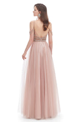 Dusty Pink Crystal Sparkle Starry Corset Prom Dresses with Straps Backless outfit, Formal Dresses Long Elegant