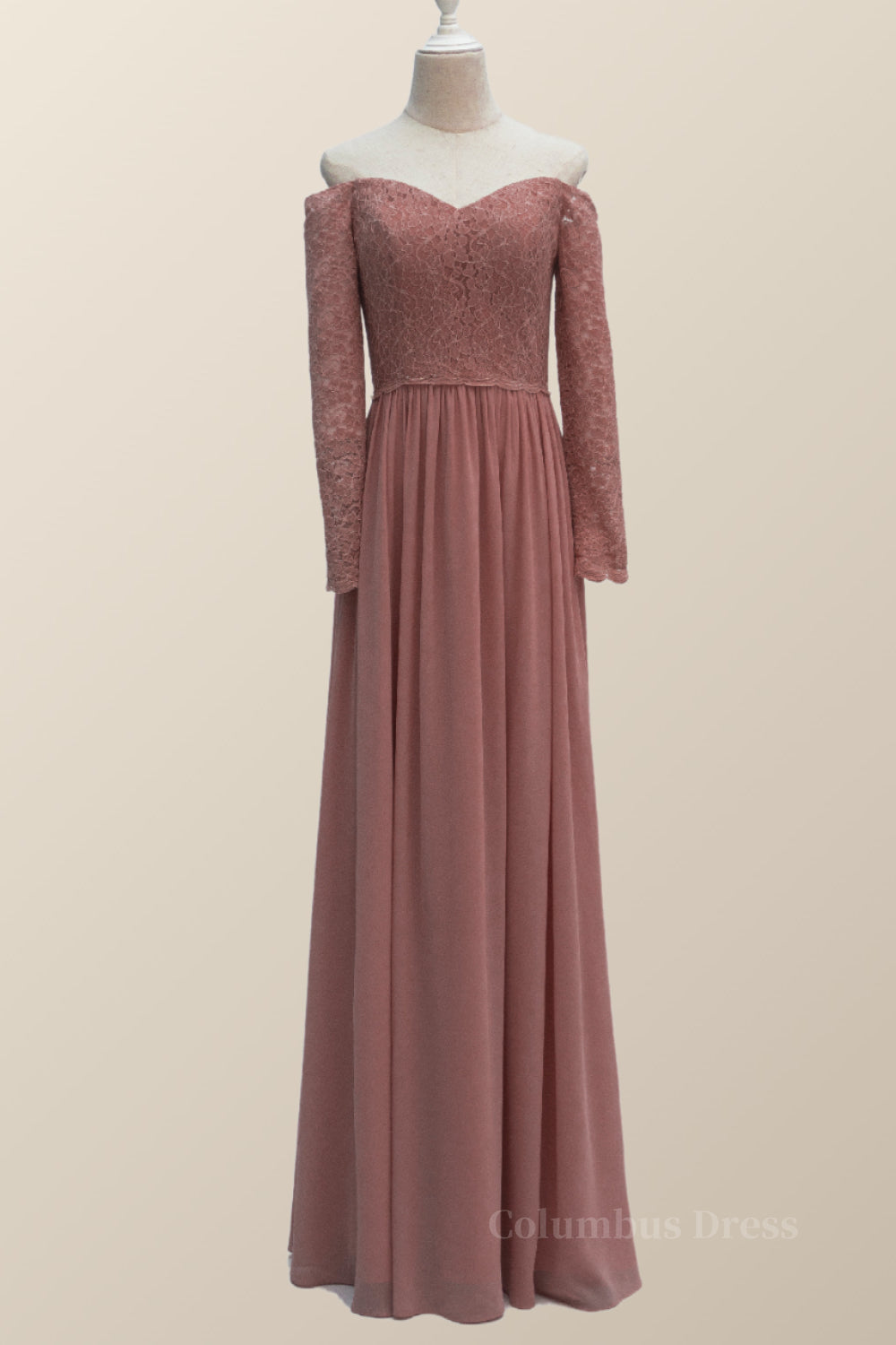 Dusty Rose Lace Long Sleeves Long Corset Bridesmaid Dress outfit, Party Dress Hijab