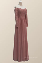 Dusty Rose Lace Long Sleeves Long Corset Bridesmaid Dress outfit, Party Dresses Modest