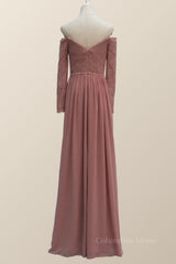 Dusty Rose Lace Long Sleeves Long Corset Bridesmaid Dress outfit, Party Dress Modest