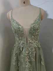 Dusty Sage Prom Dress Plunging V Neck Appliques Lace-Up A-line Long Evening Gown