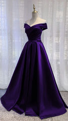 Simple Off Shoulder Satin Long Corset Prom Dress, Dark Purple Party Dress Outfits, Dress Prom