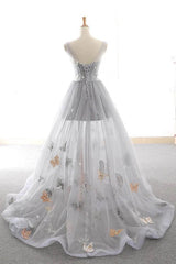 Gray Long Corset Prom Dress with Butterfly, New Arrival Unique Evening Dress outfit, Party Dresses Glitter