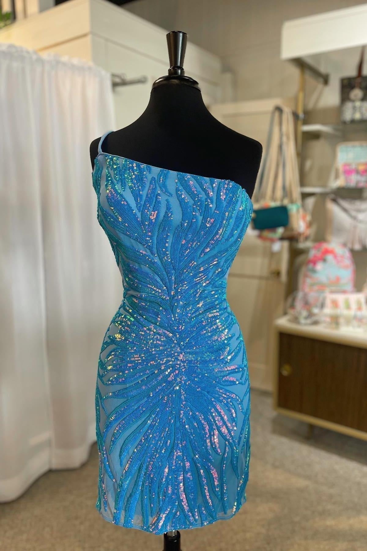 Blue One Shoulder Sequined Sheath Corset Homecoming Dress outfit, Bridesmaid Dress Website