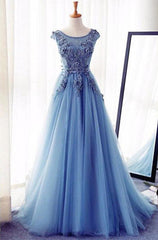 Appliques Lace Up Capped Sleeves A-Line/Princess Tulle 2024 Blue Corset Prom Dresses outfit, Bridesmaids Dresses Idea