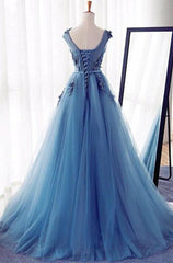 Appliques Lace Up Capped Sleeves A-Line/Princess Tulle 2024 Blue Corset Prom Dresses outfit, Bridesmaides Dress Ideas