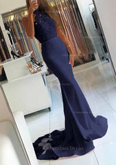 Elastic Satin Court Train Trumpet/Mermaid Sleeveless Halter Covered Button Corset Prom Dress With Beaded outfit, Party Dress Website