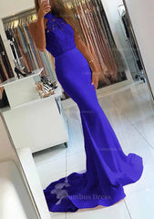 Elastic Satin Court Train Trumpet/Mermaid Sleeveless Halter Covered Button Corset Prom Dress With Beaded outfit, Party Dresses Website