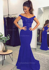 Elastic Satin Corset Prom Dress Trumpet/Mermaid Off-The-Shoulder Sweep Train With Lace Outfits, Party Dress Look