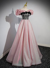 Elegant A-line Pink Off Shoulder Long Evening Dress, Pink with Black Lace Long Corset Prom Dress outfits, Beach Dress