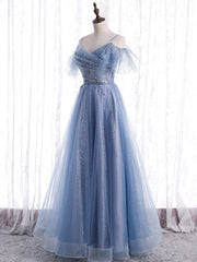 Elegant A line Tulle Sequin Blue Long Corset Prom Dress, Tulle Blue Corset Formal Evening Dress outfit, Party Dress Casual